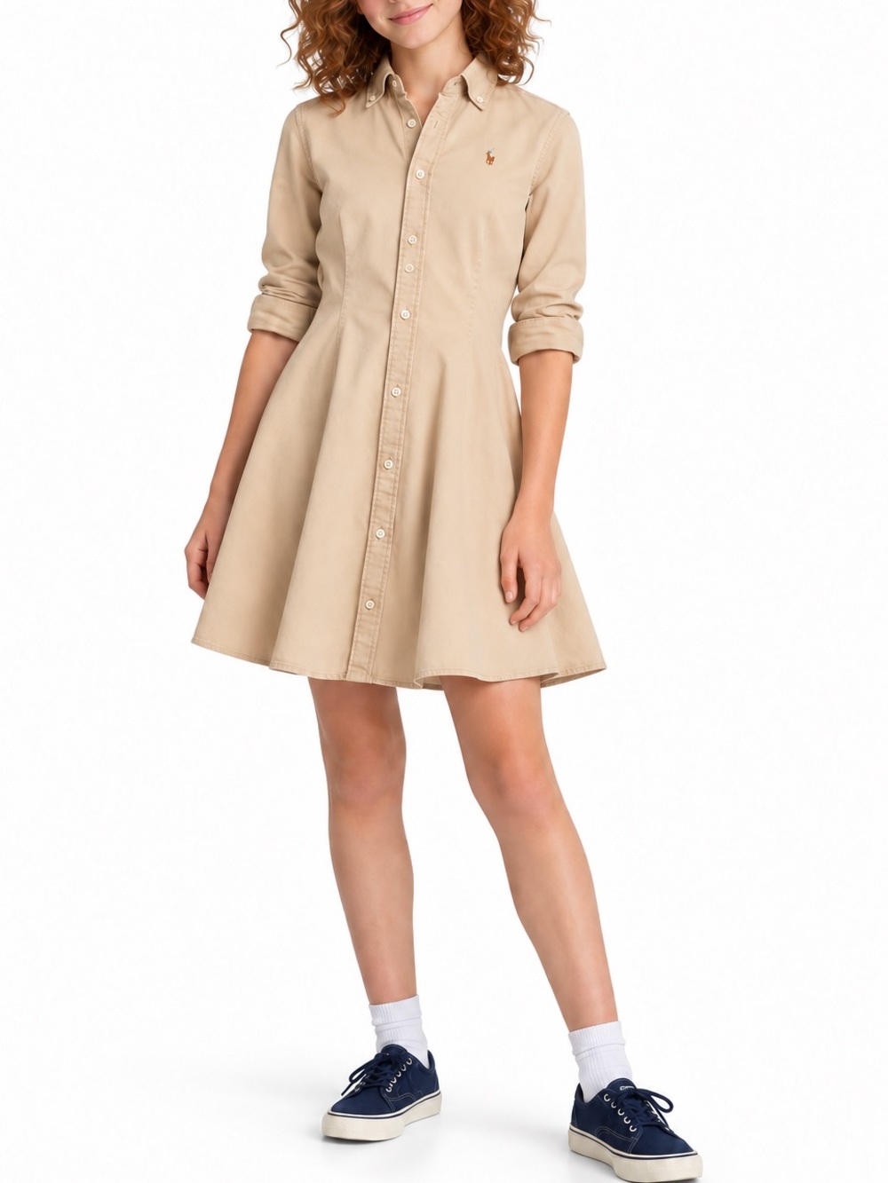 Polo Ralph Lauren Girls 16 Khaki Shirt Dress Fit Flare Preppy Old Money Cotton